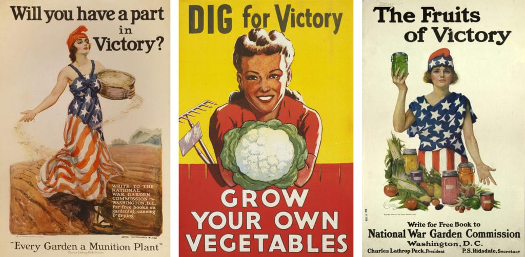 Victory Garden window hangings from the 1930s and 1940s that encouraged families to plant vegetables that they could harvest themselves in order to keep the food supply lines undisturbed for the American military overseas.