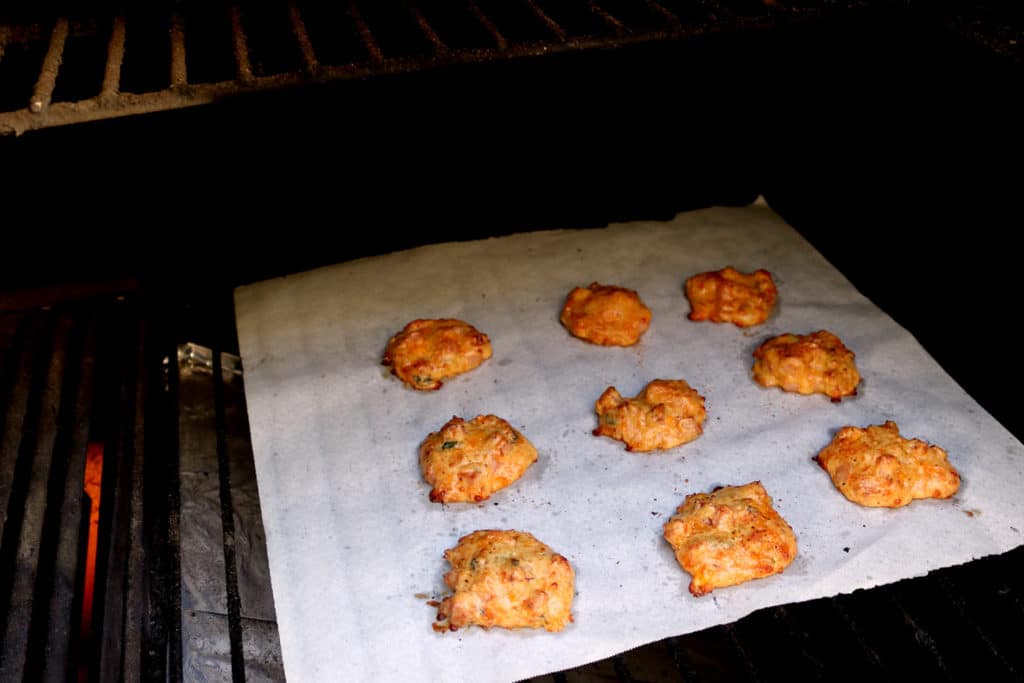 Burnt Finger BBQ Ham & Cheese Puffs in the smoker